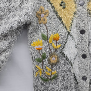 Vintage Paris Gray Mohair Blend Embroidered Fuzzy Knit Cardigan Jacket - Size L