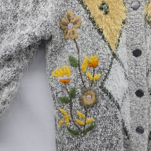 Vintage Paris Gray Mohair Blend Embroidered Fuzzy Knit Cardigan Jacket - Size L