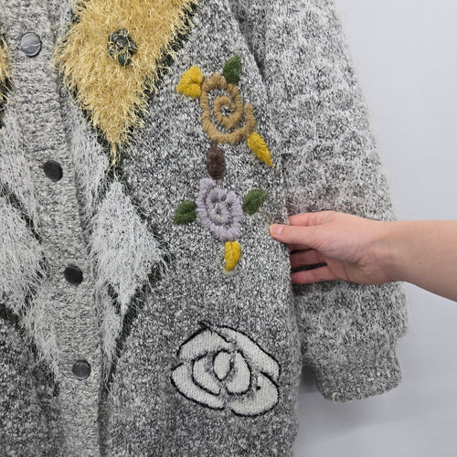 Vintage Paris Gray Mohair Blend Embroidered Fuzzy Knit Cardigan Jacket - Size L