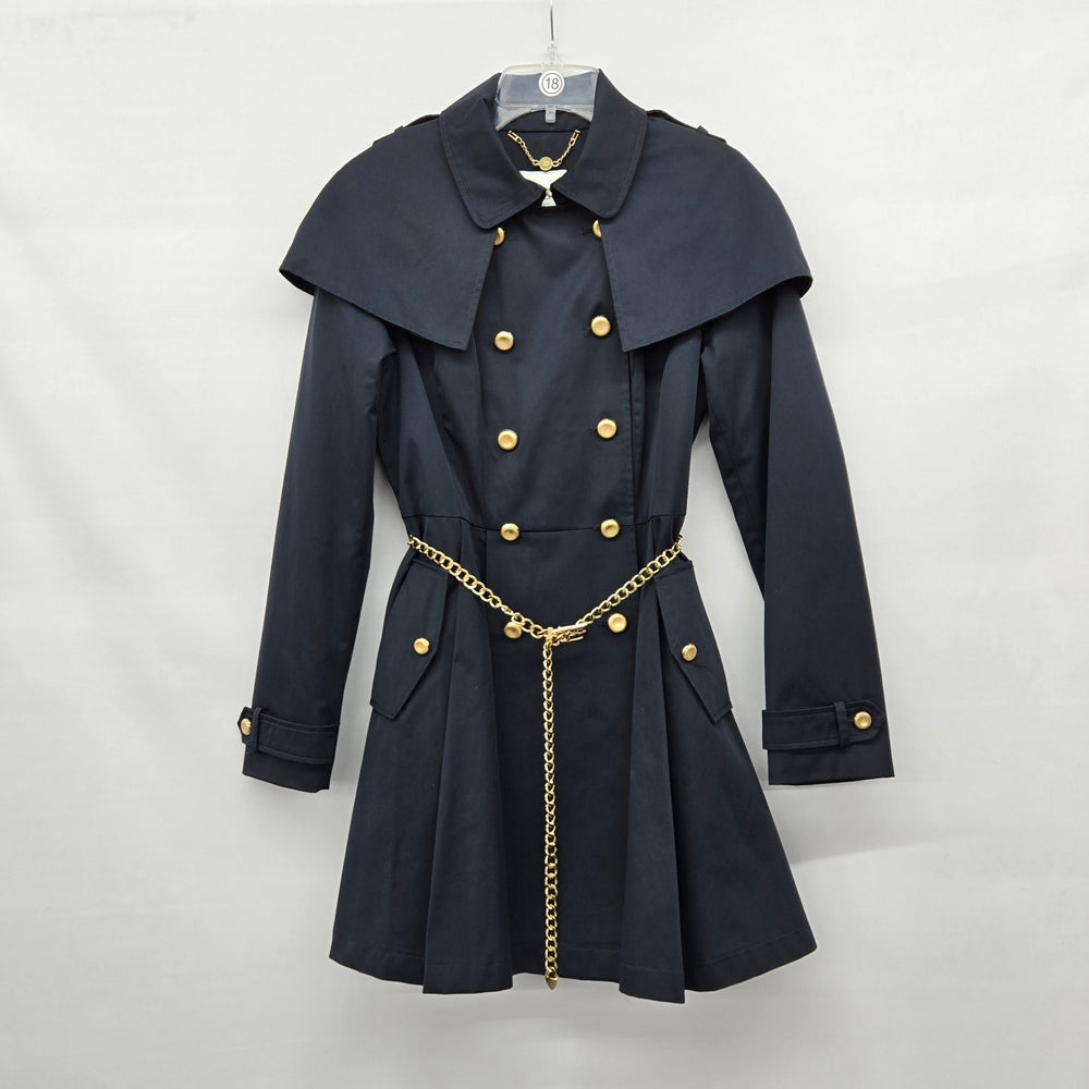 Bebe Navy Military Cape Trench Coat with Gold Chain Belt – Size S