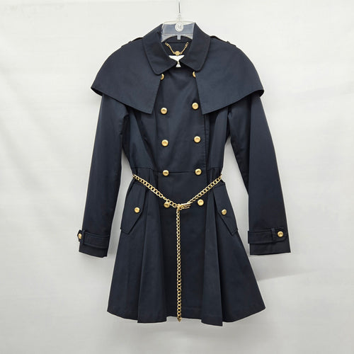 Bebe Navy Military Cape Trench Coat with Gold Chain Belt – Size S
