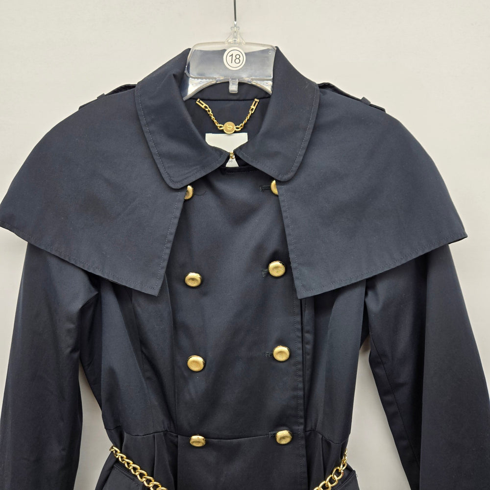 Bebe Navy Military Cape Trench Coat with Gold Chain Belt – Size S