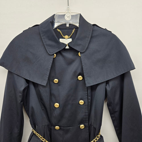 Bebe Navy Military Cape Trench Coat with Gold Chain Belt – Size S