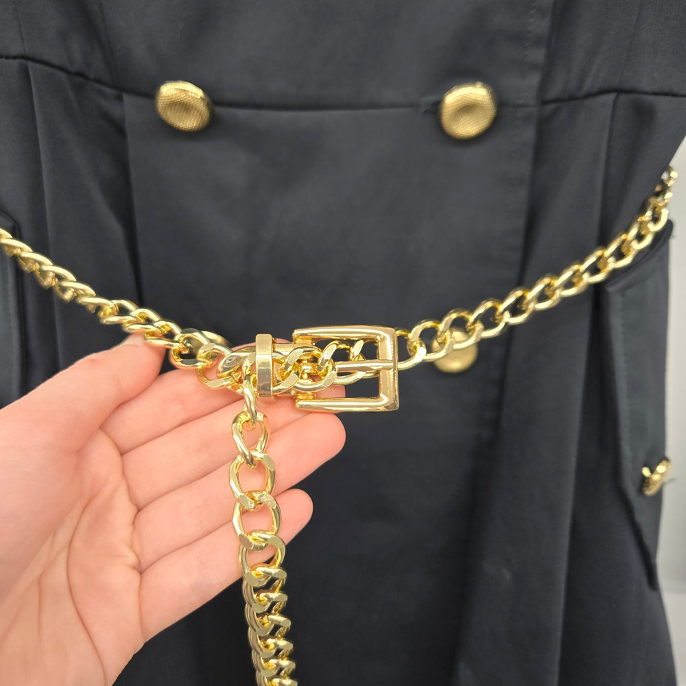 Bebe Navy Military Cape Trench Coat with Gold Chain Belt – Size S