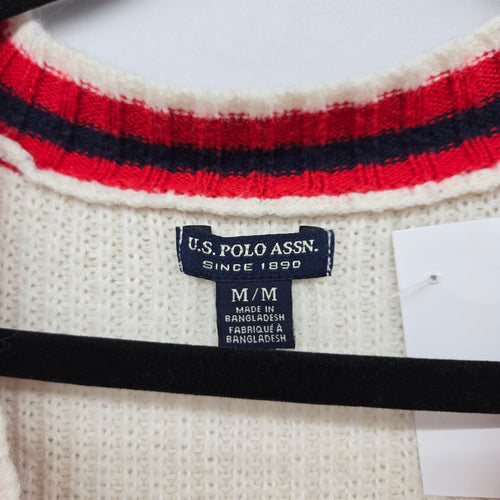 U.S. Polo Assn. Cream Cable Knit Cardigan Sweater Red Navy Trim - Size M