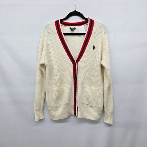 U.S. Polo Assn. Cream Cable Knit Cardigan Sweater Red Navy Trim - Size M