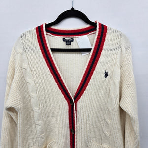 U.S. Polo Assn. Cream Cable Knit Cardigan Sweater Red Navy Trim - Size M