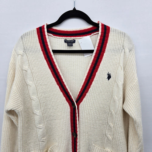 U.S. Polo Assn. Cream Cable Knit Cardigan Sweater Red Navy Trim - Size M
