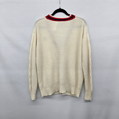 U.S. Polo Assn. Cream Cable Knit Cardigan Sweater Red Navy Trim - Size M