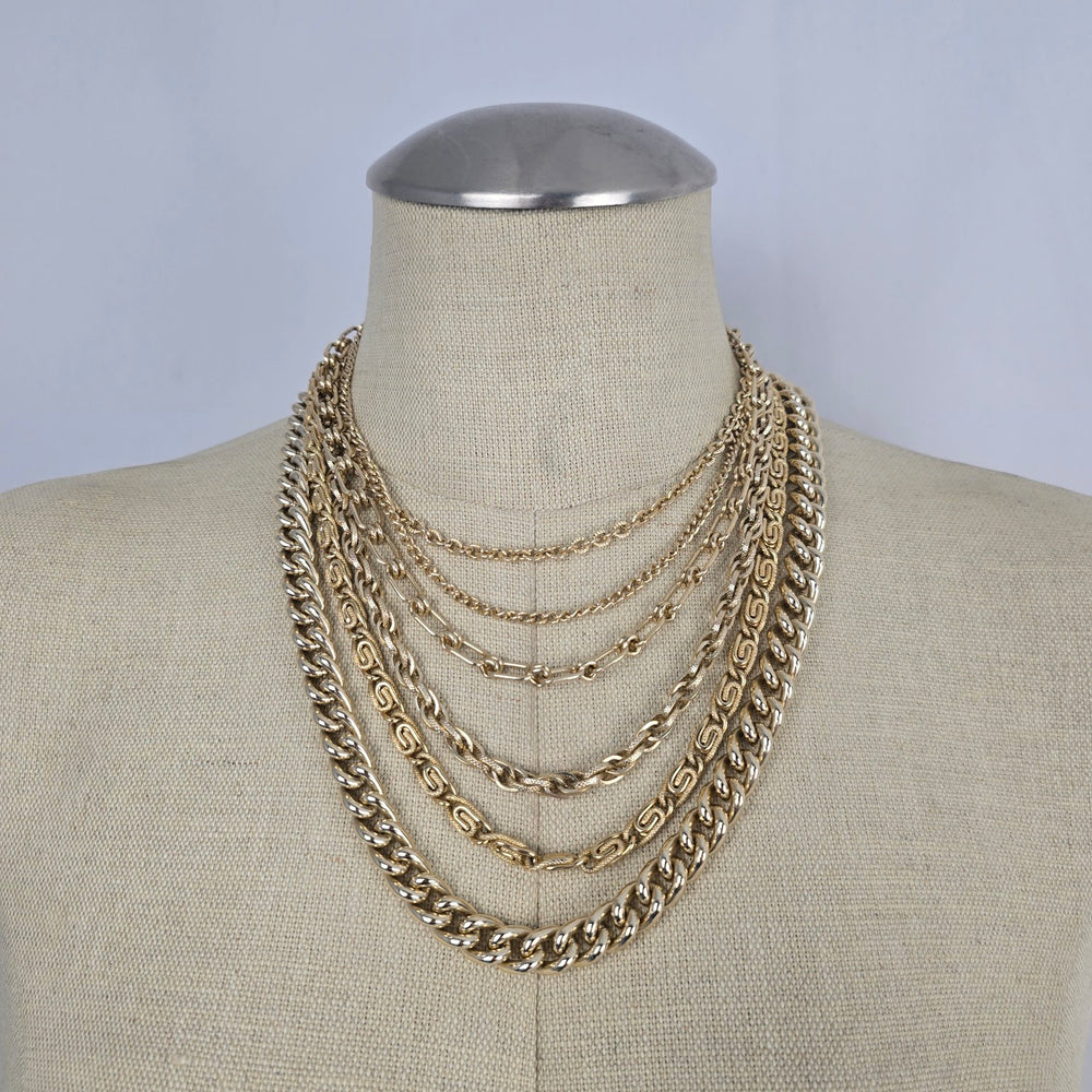 Vintage Gold Tone Multi Strand Layered Chain Statement Necklace