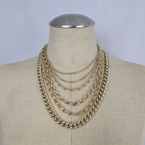 Vintage Gold Tone Multi Strand Layered Chain Statement Necklace