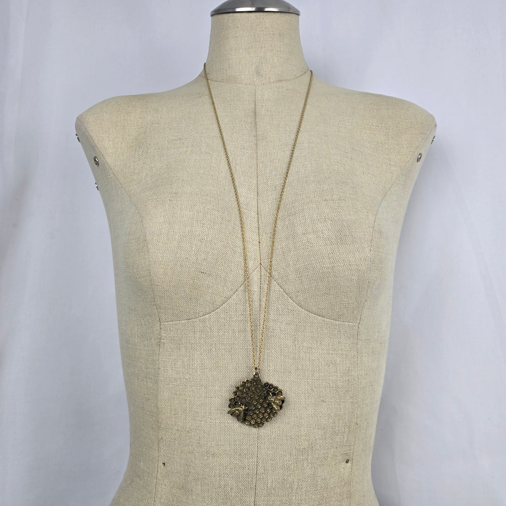 Gold Tone Honeycomb Bee Pendant Long Chain Necklace