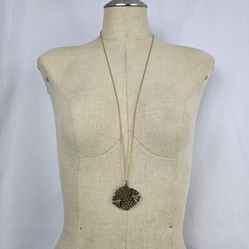 Gold Tone Honeycomb Bee Pendant Long Chain Necklace