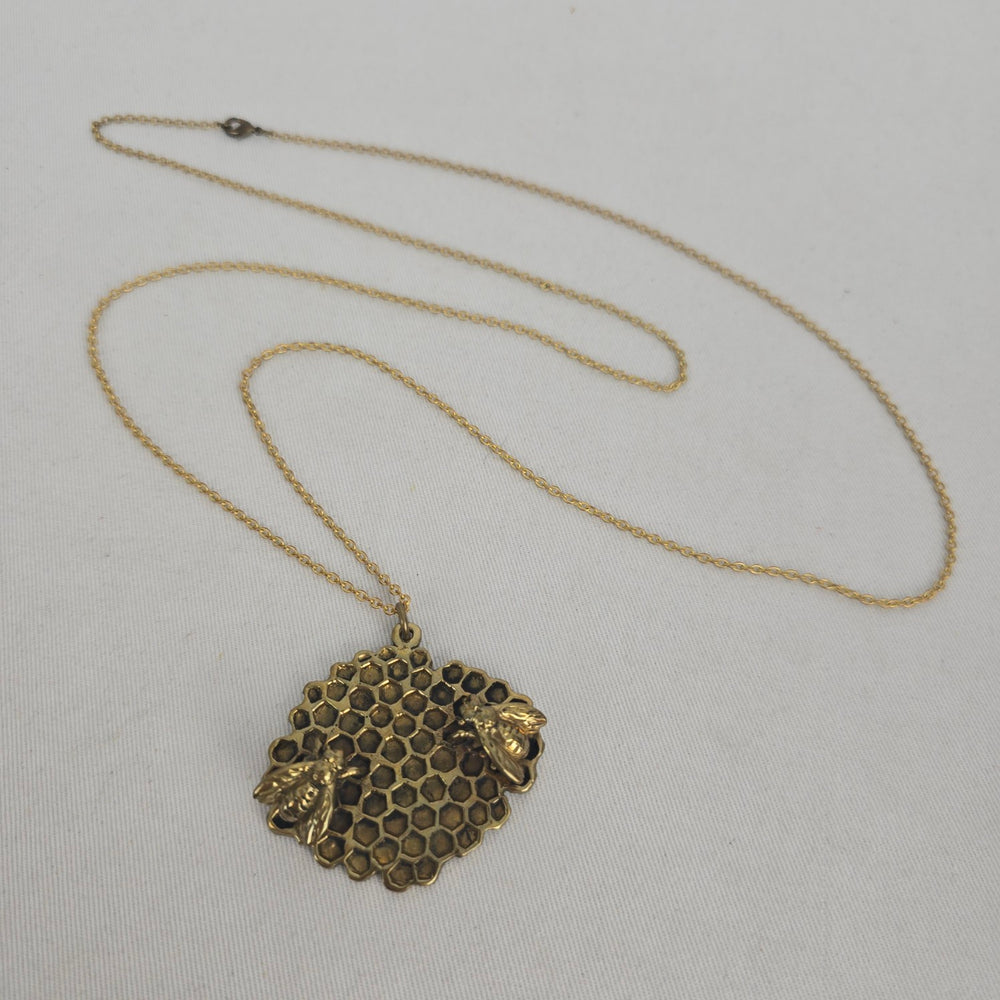 Gold Tone Honeycomb Bee Pendant Long Chain Necklace