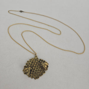 Gold Tone Honeycomb Bee Pendant Long Chain Necklace