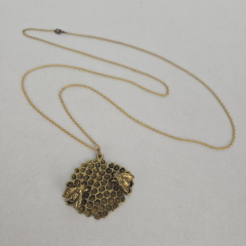 Gold Tone Honeycomb Bee Pendant Long Chain Necklace