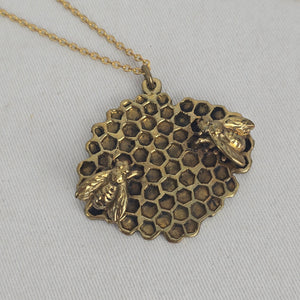 Gold Tone Honeycomb Bee Pendant Long Chain Necklace