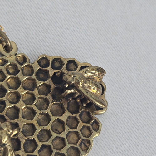 Gold Tone Honeycomb Bee Pendant Long Chain Necklace