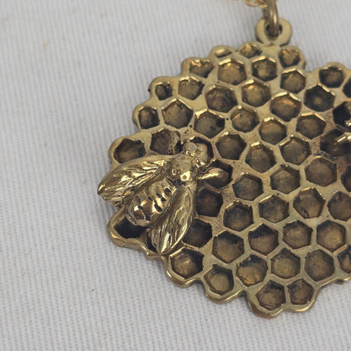 Gold Tone Honeycomb Bee Pendant Long Chain Necklace
