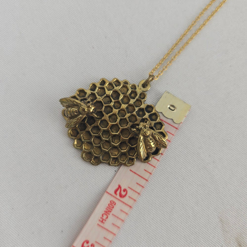 Gold Tone Honeycomb Bee Pendant Long Chain Necklace