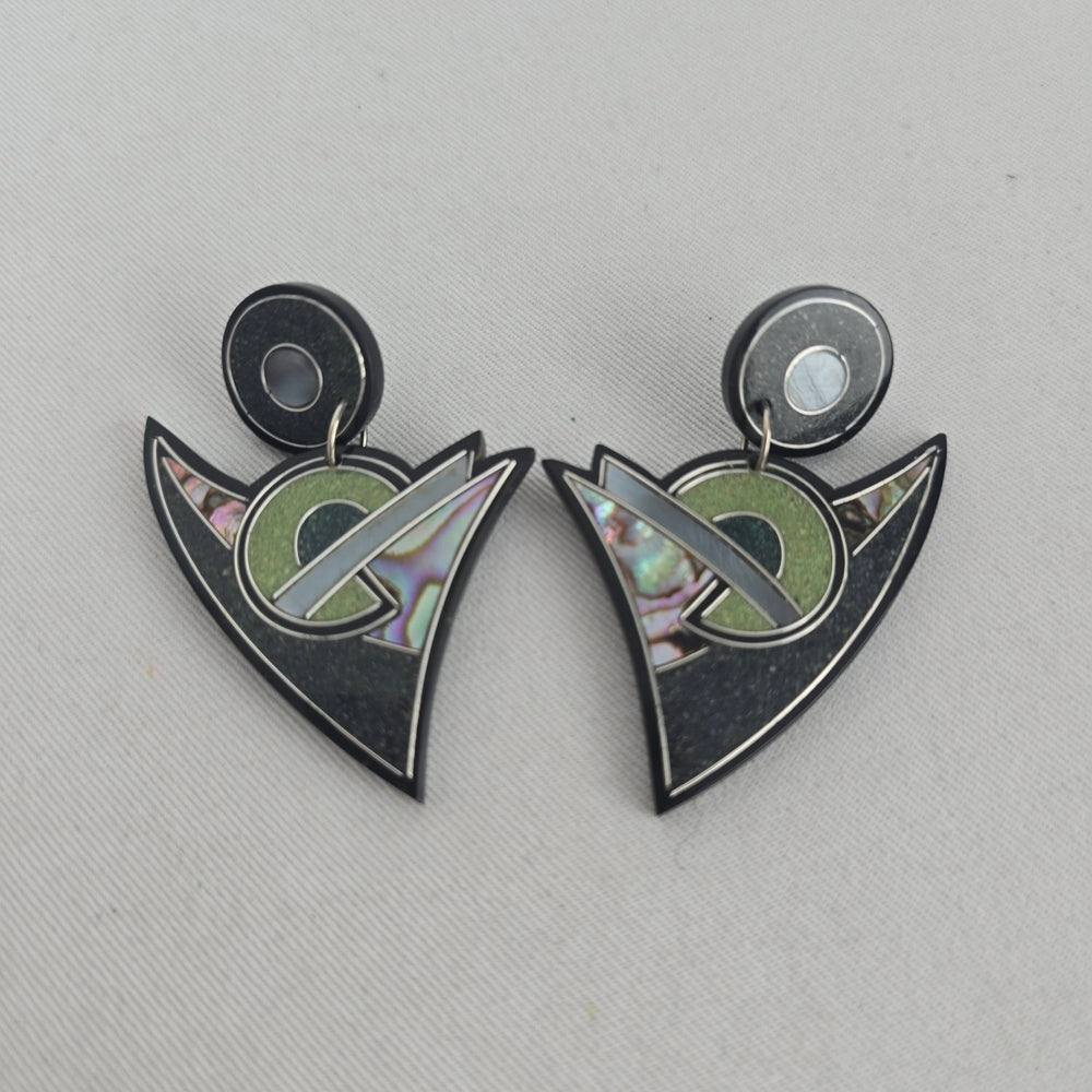 Vintage Geometric Black & Iridescent Inlay Statement Dangle Earrings