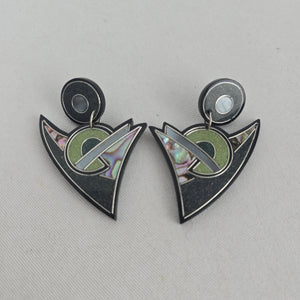 Vintage Geometric Black & Iridescent Inlay Statement Dangle Earrings