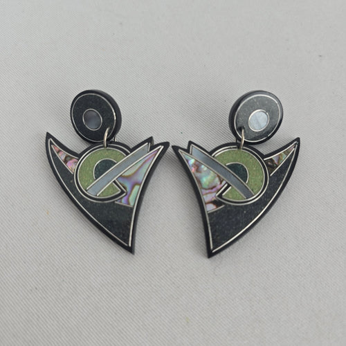 Vintage Geometric Black & Iridescent Inlay Statement Dangle Earrings