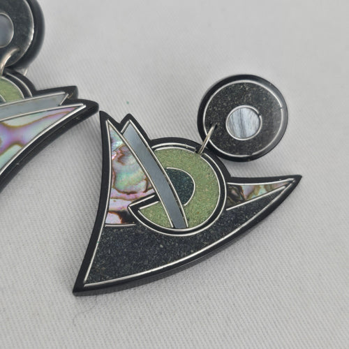 Vintage Geometric Black & Iridescent Inlay Statement Dangle Earrings