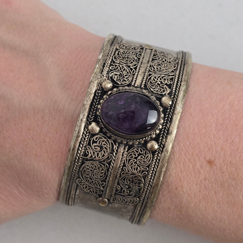 Vintage Silver Tone Filigree Cuff Bracelet Purple Stone Boho Statement
