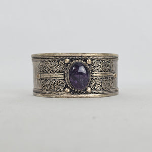 Vintage Silver Tone Filigree Cuff Bracelet Purple Stone Boho Statement