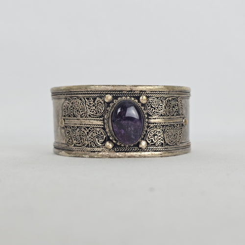Vintage Silver Tone Filigree Cuff Bracelet Purple Stone Boho Statement