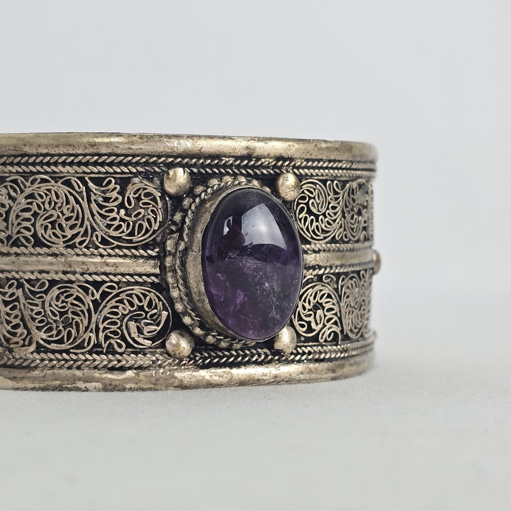 Vintage Silver Tone Filigree Cuff Bracelet Purple Stone Boho Statement