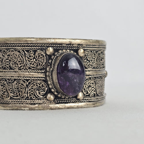 Vintage Silver Tone Filigree Cuff Bracelet Purple Stone Boho Statement