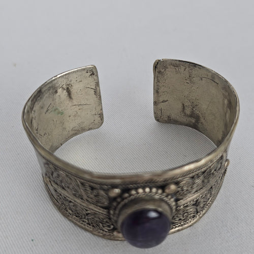 Vintage Silver Tone Filigree Cuff Bracelet Purple Stone Boho Statement