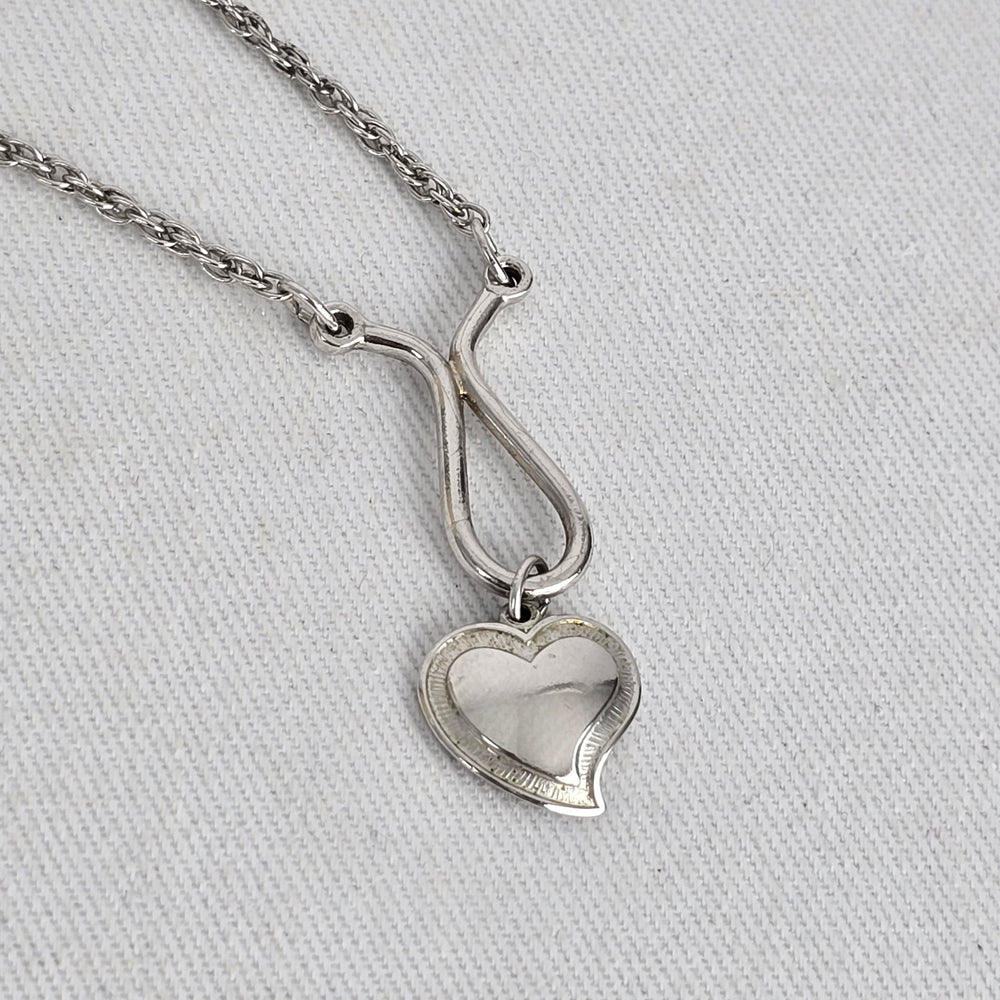 Vintage Silver Tone Heart Pendant Necklace Teardrop Loop Chain