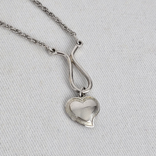 Vintage Silver Tone Heart Pendant Necklace Teardrop Loop Chain