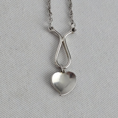 Vintage Silver Tone Heart Pendant Necklace Teardrop Loop Chain