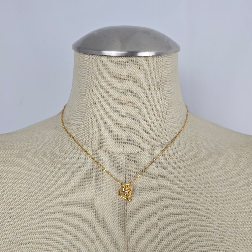 Vintage Gold Tone Floral Rhinestone Pendant Delicate Chain Necklace