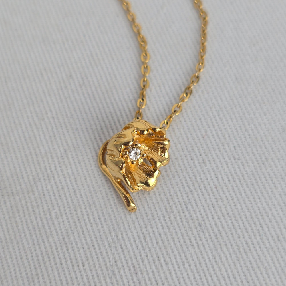 Vintage Gold Tone Floral Rhinestone Pendant Delicate Chain Necklace