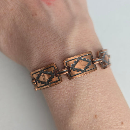 Vintage Copper Geometric Southwestern Style Oxidized Patina Link Bracelet