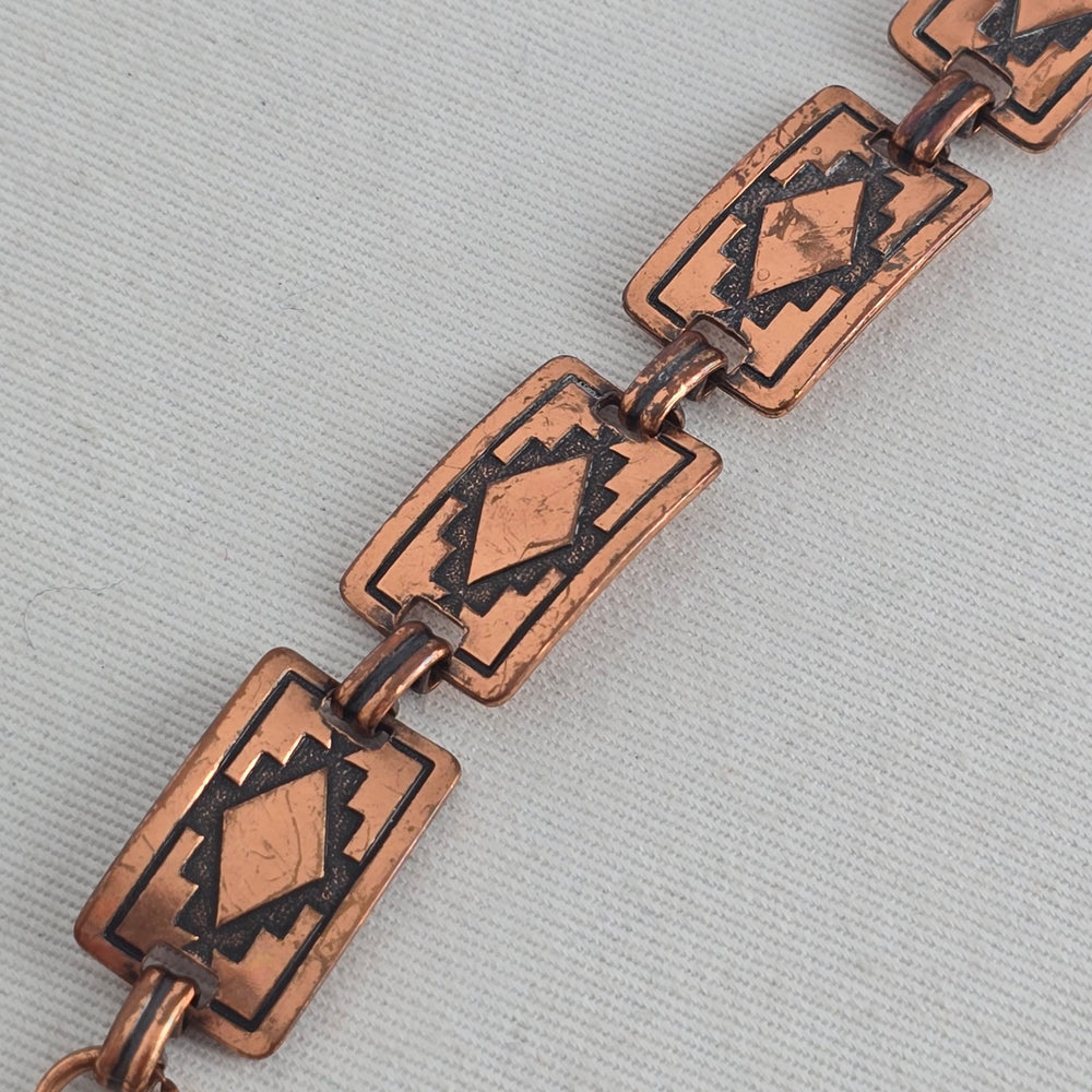 Vintage Copper Geometric Southwestern Style Oxidized Patina Link Bracelet