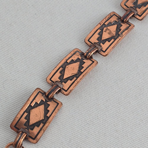 Vintage Copper Geometric Southwestern Style Oxidized Patina Link Bracelet
