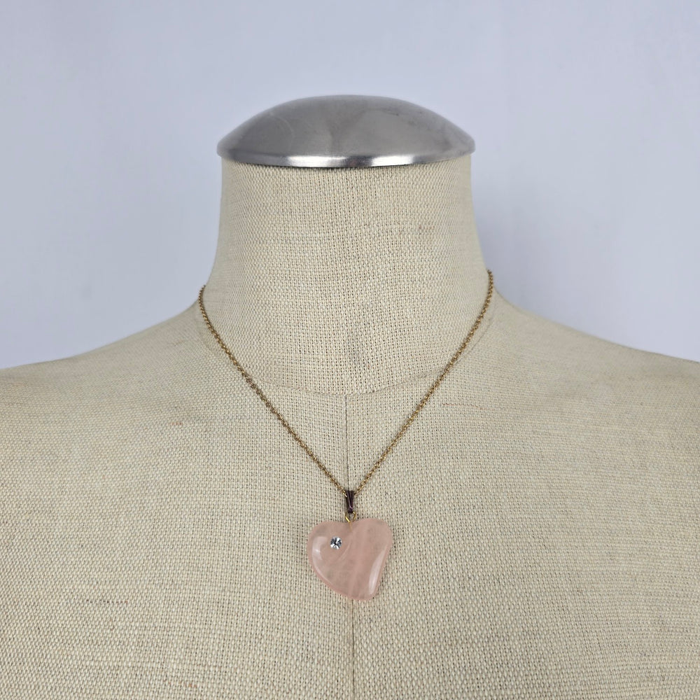 Vintage Pink Rose Quartz Heart Pendant Gold Tone Rhinestone Accent Necklace