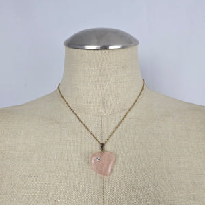 Vintage Pink Rose Quartz Heart Pendant Gold Tone Rhinestone Accent Necklace