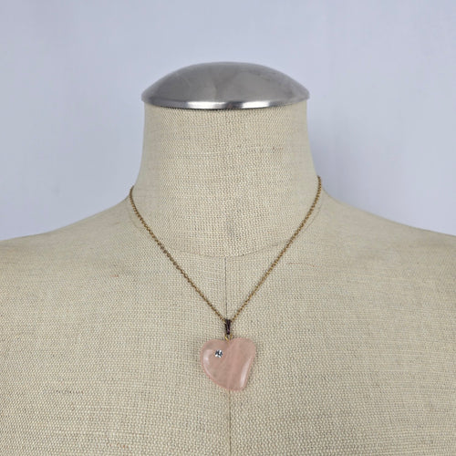 Vintage Pink Rose Quartz Heart Pendant Gold Tone Rhinestone Accent Necklace