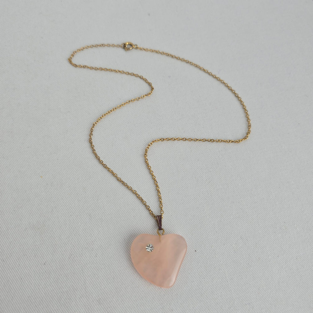 Vintage Pink Rose Quartz Heart Pendant Gold Tone Rhinestone Accent Necklace