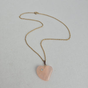 Vintage Pink Rose Quartz Heart Pendant Gold Tone Rhinestone Accent Necklace