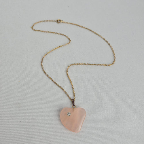 Vintage Pink Rose Quartz Heart Pendant Gold Tone Rhinestone Accent Necklace