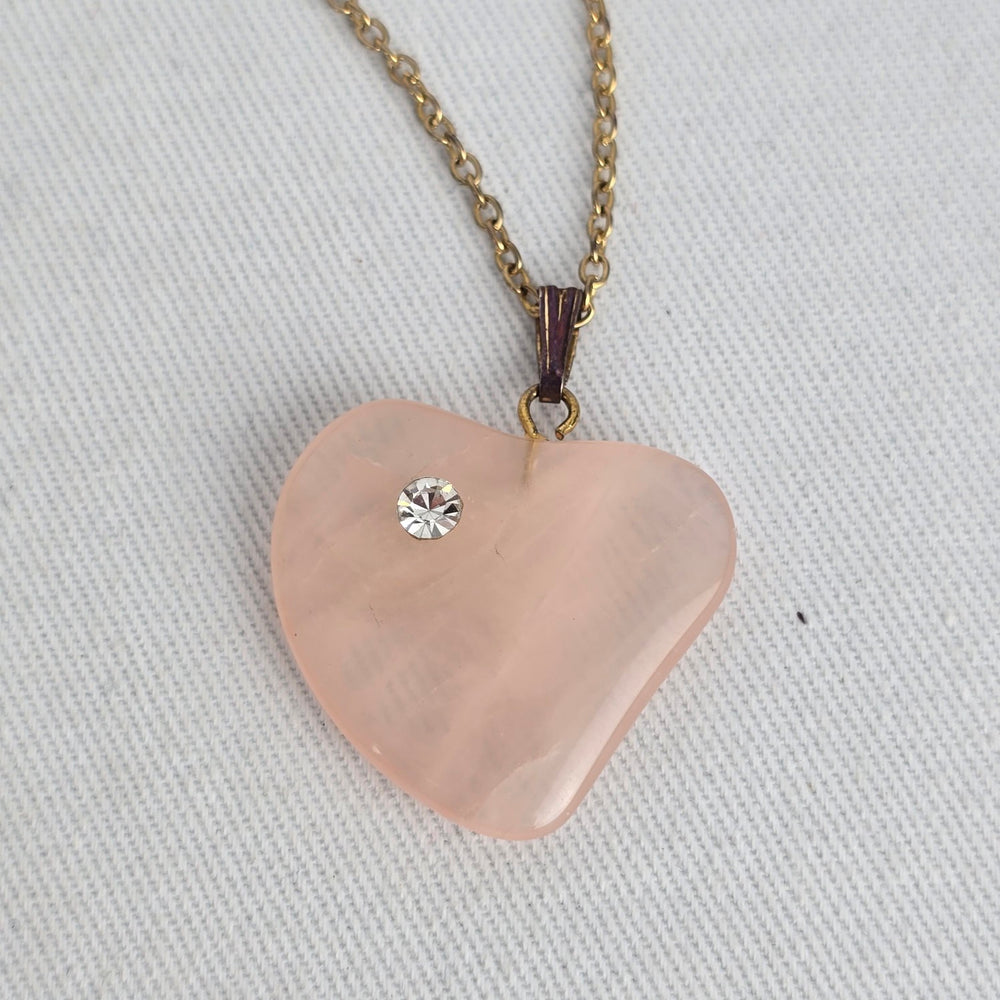 Vintage Pink Rose Quartz Heart Pendant Gold Tone Rhinestone Accent Necklace