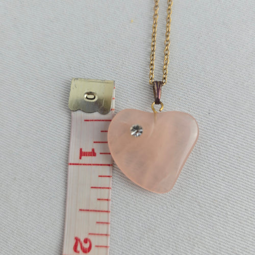 Vintage Pink Rose Quartz Heart Pendant Gold Tone Rhinestone Accent Necklace